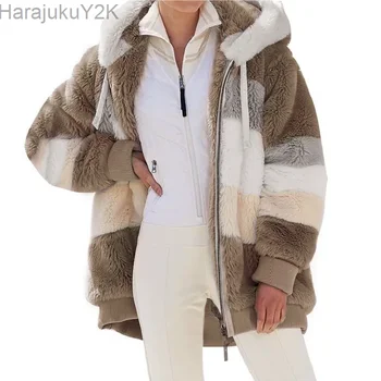 Куртка Оверсайз для женщин 2023, Новая осенне-зимняя уличная одежда с теплым плюшевым карманом и капюшоном, свободная Женская верхняя одежда, пальто Roupas Feminina