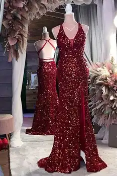 Сексуальные длинные вечерние платья цвета спагетти бордового цвета с разрезом 
