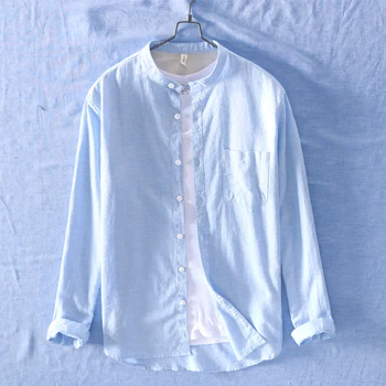 Бренд Suehaiwe's, рубашки с длинными рукавами, мужские однотонные небесно-голубые льняные рубашки, мужские весенние топы, повседневная рубашка, мужская модная сорочка