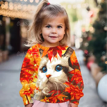 Осенняя детская футболка с круглым вырезом и длинным рукавом Для девочек, Футболки, Топы с принтом Кота, Повседневный винтажный пуловер Kawaii, Детская одежда