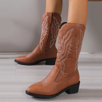 Женские зимние ботинки 2023 года, ковбойские ботинки в стиле вестерн на танкетке и высоком каблуке из искусственной кожи, тотемная клетчатая обувь, уличная женская обувь без застежек до середины икры