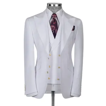 Мужские костюмы Slim Fit из 3 предметов, белые костюмы с диагональными карманами для свадьбы, мужские комплекты блейзеров, жилет, брюки, большие размеры, полная мужская одежда