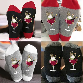 Женский Рождественский носок, хлопчатобумажные носки средней длины, забавные носки с рисунком в виде кубка вина, чулочно-носочные изделия, дышащие повседневные модные носки на Новый год