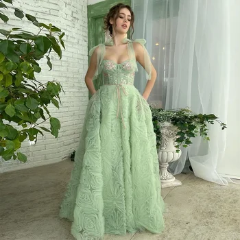 Элегантное светло-зеленое длинное платье для выпускного вечера из многослойного тюля в виде сердечка, украшенное цветочным бисером, бантом, ремешком с оборками по краю, вечерние платья для женщин