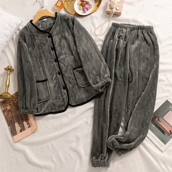 Фланелевый пижамный комплект в осенне-зимнем стиле, женская свободная повседневная домашняя одежда, теплый топ из кораллового флиса, брюки, ночное белье, пижамы