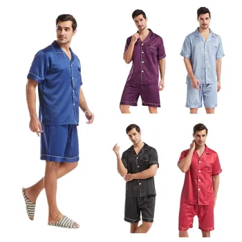 Розничная продажа Мужской атласный шелковый пижамный костюм, мужская пижама, одежда для отдыха, комплект из двух предметов, рубашка с коротким рукавом и шорты, домашняя одежда T103