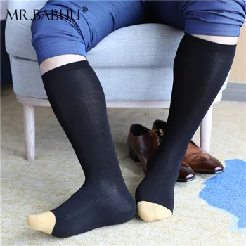 Мужские полосатые тонкие и слегка прозрачные золотые носки, черные темно-синие носки, деловой костюм, эластичные милые носки до бедра