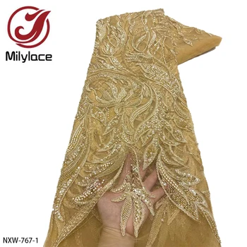 Африканская кружевная ткань из тюля с блестками, высококачественная Французская кружевная ткань из бисера для свадебного платья для новобрачных Sew NXW-767