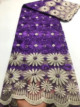 Фиолетовая африканская кружевная ткань 2021, Высококачественная Французская кружевная ткань с камнями, Нигерийская кружевная ткань для платья, 5 ярдов M4680