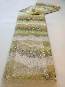 Дизайн Gold Waves Американское французское кружево для шитья Asoebi Тюлевая ткань с блестками для свадебного платья