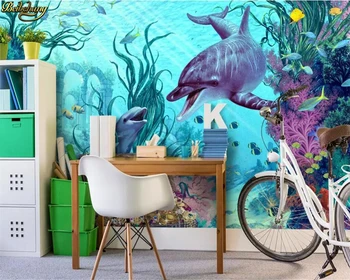 фотообои beibehang на заказ, большие фрески, голубой подводный мир, морские водоросли, золотые и серебряные украшения, дельфины, детская комната