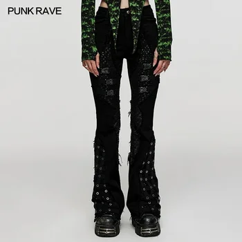 Женские эластичные джинсовые брюки-клеш в клетку в стиле панк-РЕЙВ, персонализированные крутые черные брюки Осень / зима