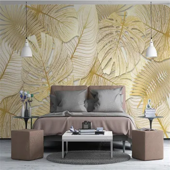 Элегантные обои с тропическим лесом для гостиной, золотой банановый лист, пасторальный фон для телевизора, обои для домашнего декора, фреска