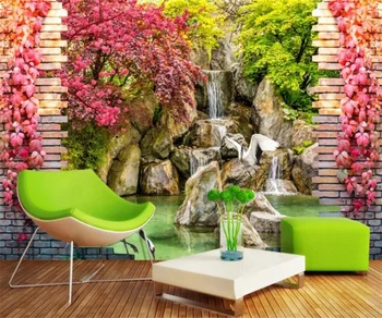 Обои на заказ, Современный Водопад, Природа, Пейзажи, Водопад с цветами и птицами, Фотообои, Фоновая стена для телевизора в гостиной