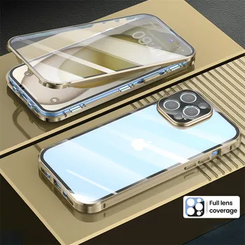 360 Цельнометаллический Магнитный Чехол Для iPhone 15 14 13 12 11 Pro MAX Алюминиевый Бампер 15Pro Беспроводное Зарядное Устройство Из Закаленного Стекла Чехол Для Телефона