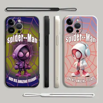 Квадратный Жидкий Чехол для Apple iPhone XS 12 14 Pro Max 15 Plus X XR 13 Mini SE 7 8 11 Pro Marvel Cute Spider Man Класса Люкс