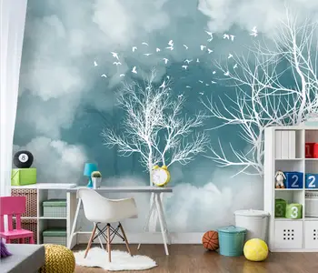 Изготовленная на Заказ Настенная роспись Современный лесной пейзаж белые облака Обои Украшение Гостиной спальни телевизор Диван Фон 3D обои
