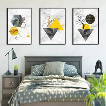 Абстрактные золотисто-серые с разнообразной геометрией Дерево и Лось Настенное искусство Холст Плакаты Принты для украшения гостиной спальни коридора