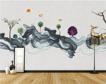 beibehang Indoor Individuality Обои Из Шелковой Ткани Кубический современный стильный фон с изображением лесного дерева и Лося papel de parede обои для стен