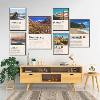 Туристические плакаты из Гранады, Никарагуа, Венесуэлы, Уругвая, Кито, Эквадора, Аргентины, Уганды, дельты Окаванго и национального парка Чобе.
