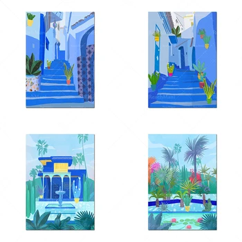 Искусство океана в Марокко, настенные принты, сад Мажорель, девушка в бассейне, Шефшауэн, Голубой город Марокко, туристические плакаты, лето