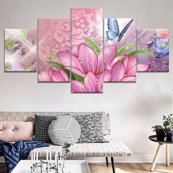 Картина на холсте из 5 панелей с фиолетовыми цветами и бабочками, пейзаж, Настенное искусство, Домашний декор для гостиной, Настенная картина