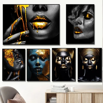 Абстрактная роскошная чернокожая женщина, курящая девушка, плакаты с золотым лицом и принты, Сексуальные губы, картина на холсте, Декор для гостиной, спальни