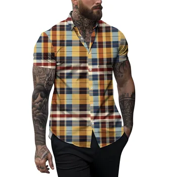 Мужская весенне-летняя повседневная мужская рубашка с отворотом в клетку и принтом с коротким рукавом, мужской топ, мужская роскошная футболка, мужская одежда 2024 года