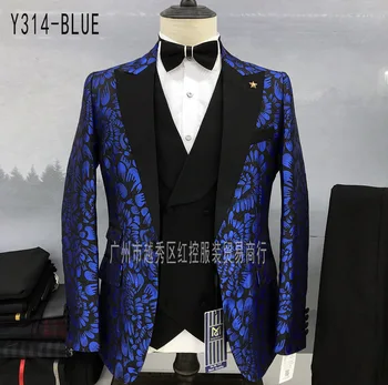Мужской костюм из 3 предметов с цветочным принтом, приталенный свадебный пиджак с отворотом, жилет, брюки, комплект для выпускного вечера, деловые роскошные синие мужские смокинги