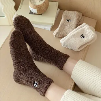 Утолщенные Плюшевые Носки Kawaii Japanese Ins Middle Tube Socks Eyes Однотонные Носки В Пол Для Девочек