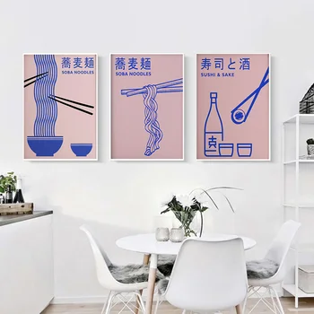 Настенный принт в скандинавском стиле ретро, картина на холсте японской кухни, плакат Соба, суши и саке, украшение кухни ресторана