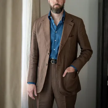 Льняные костюмы для мужчин большого роста, однобортный пиджак шоколадного цвета с брюками обычного покроя, повседневная одежда, мужская одежда
