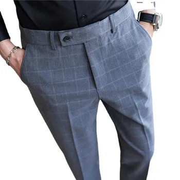 2024 Новые мужские брюки для костюма в клетку и полоску, черные / Синие / серые Модные мужские деловые брюки для вечеринки на свадебном балу