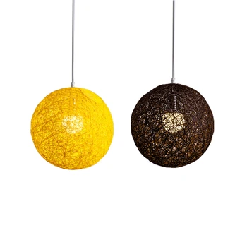 2Х Кофейная /желтая люстра из бамбука, ротанга и пеньки с шариками Для индивидуального творчества, сферический абажур из ротанга в виде гнезда