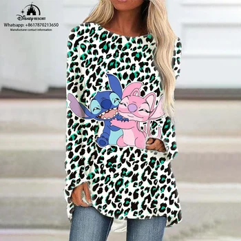 2023 Новая женская футболка с круглым вырезом и длинным рукавом Осенняя серия Disney Brand Stitch Cartoon Leopard Повседневное платье с рукавами Реглан