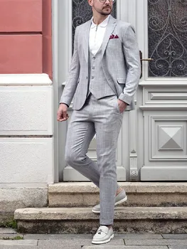 Костюмы серые мужские учетом 3 шт блейзер жилет брюки достиг одна кнопка лацкан плед современные свадебные тонкий Fit на заказ плюс размер 