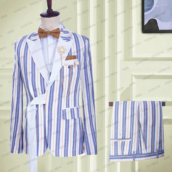 Модный мужской костюм 2023 года, 2 предмета, куртка, Брюки, синий, белый, оранжевый, в смешанную полоску, приталенный сценический костюм для официальных выступлений