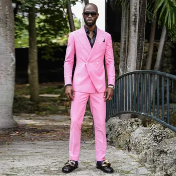 Розовый мужской костюм, приталенные комплекты блейзеров для свадьбы, смокинги с отворотами, 2 предмета, пиджак и брюки, сшитая на заказ одежда жениха