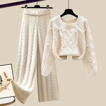Осенне-зимний комплект для женщин 2023, новый вязаный свитер design sense + облегающие широкие брюки, комплект из двух предметов
