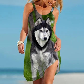 Платье с 3D Принтом Собаки, Модное Темпераментное Женское Летнее Платье, Гавайское Пляжное Праздничное Платье, Простое Удобное Платье