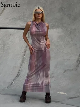 Облегающее платье Миди без рукавов с круглым вырезом и принтом Sampic, женские летние Y2K, сексуальные повседневные длинные платья, уличная одежда для вечеринок и клубов