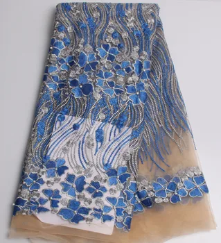 2021 Африканская тюлевая кружевная ткань с бисером, высококачественное африканское шнуровое кружево для нигерийского свадебного платья.Кружевная ткань синего цвета C34