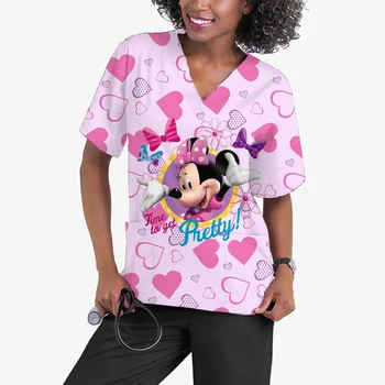 Униформа медсестры из дышащего спандекса Disney Minnie Mouse, Модные топы с V-образным вырезом, Летний лабораторный комбинезон, скрабы, Женские топы