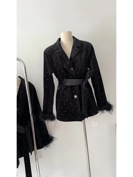 Женский винтажный черный готический блейзер, корейский элегантный эстетичный пиджак 90-х, однобортная верхняя одежда с длинным рукавом, одежда 2000-х