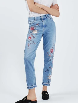 Модные джинсы с цветочной вышивкой, уличная одежда, повседневные брюки с высокой талией, женские элегантные прямые джинсы из синего денима для фотосъемки в путешествиях