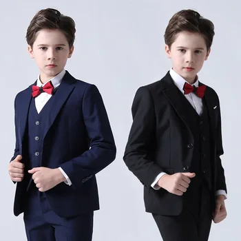 Блейзер + жилет + рубашка + галстук-бабочка + Брюки с эластичной резинкой на талии) Костюм для мальчиков высокого класса в британском стиле, однотонный, облегающий банкетный костюм