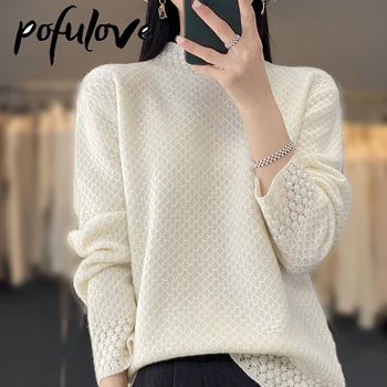 Кашемировая рубашка из чистой шерсти, женский пуловер с полым высоким воротником, осенне-зимний новый модный вязаный свитер