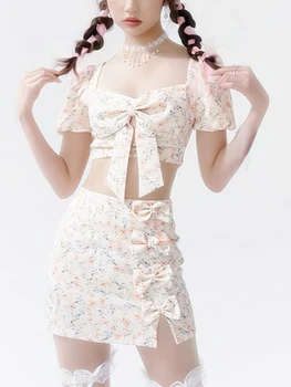 Сладкий комплект из двух предметов с цветочным принтом, женские Корейские пикантные вечерние мини-юбки, костюм с бантом, укороченные топы Y2k + Тонкие Элегантные юбки, лето