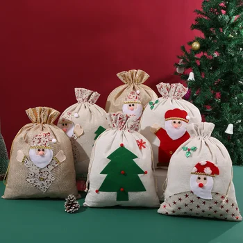2023 Новый большой рождественский подарочный пакет из хлопка и льна, Рождественский пакет для конфет, подарочный пакет Санта-Клауса на шнурке, детский рождественский подарок