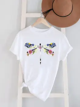 Женская рубашка с цветочным принтом в стиле стрекозы, женская модная одежда с коротким рукавом, графические футболки, женская повседневная футболка